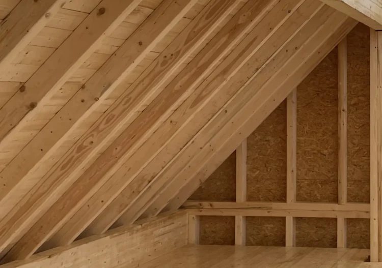 Innenansicht eines Dachstuhls mit sichtbaren Holzsparren, Bretterschalung und OSB-beplankter Giebelwand