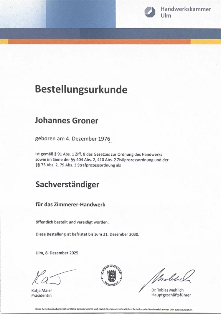 Besllungsurkunde von Johannes Groner als Sachverständiger