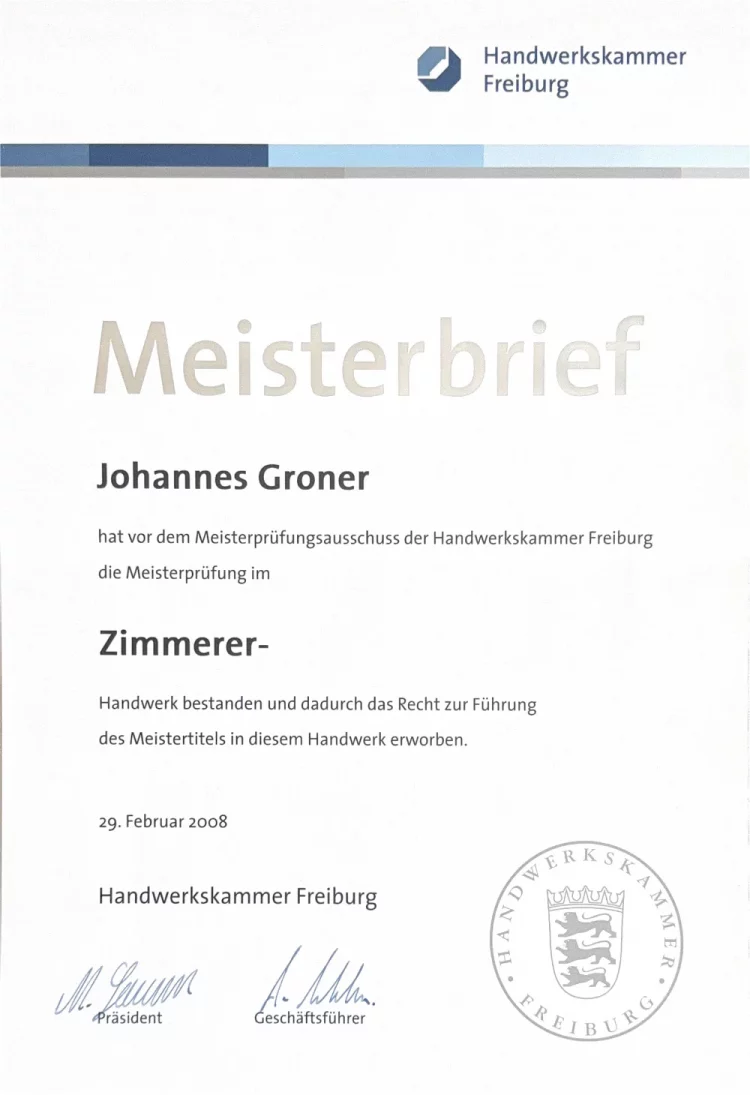 Meisterbrief von Johannes Groner als Zimmerer