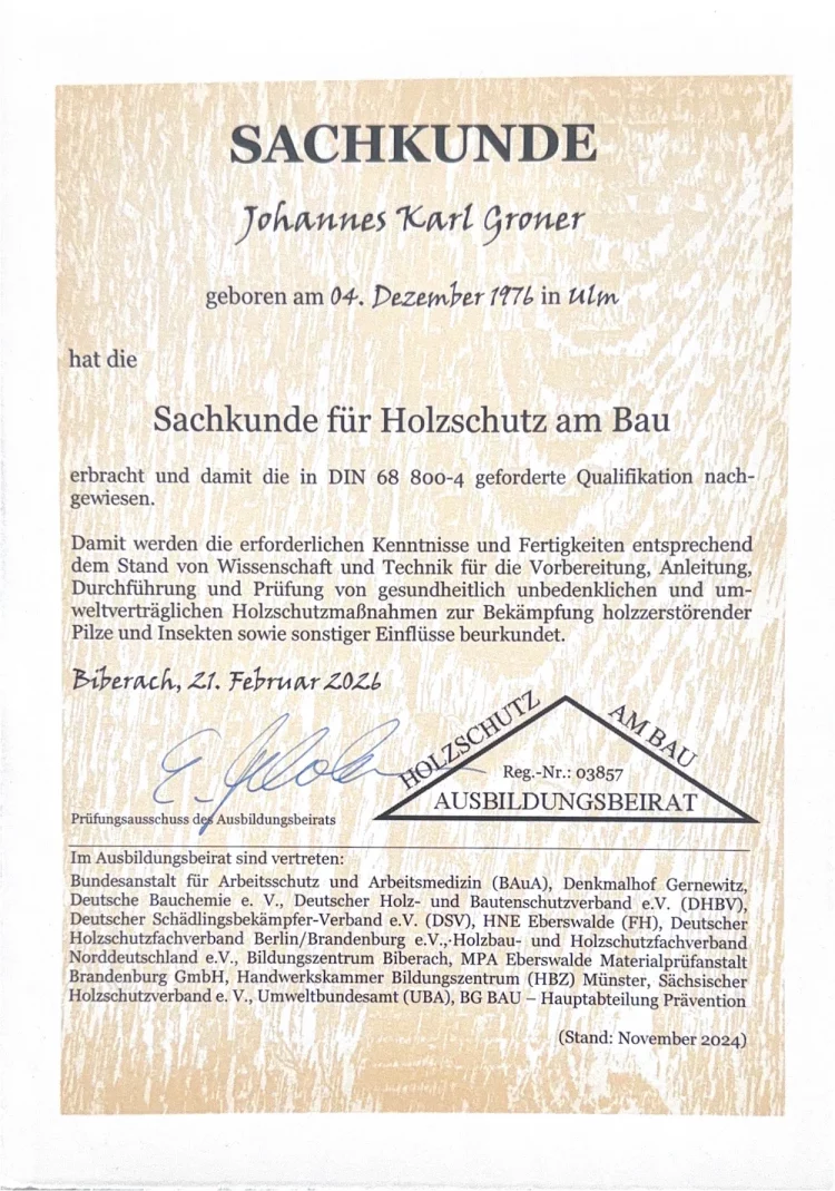 Zertifikat Sachkunde für Johannes Groner: Holzschutz am Bau